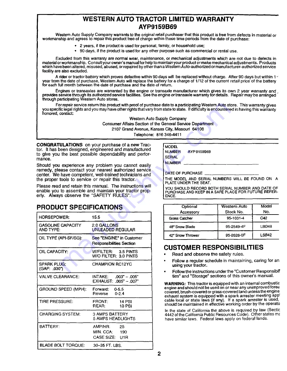 Western Auto Western Auto 917.259930 Operation and Скачать руководство пользователя страница 2