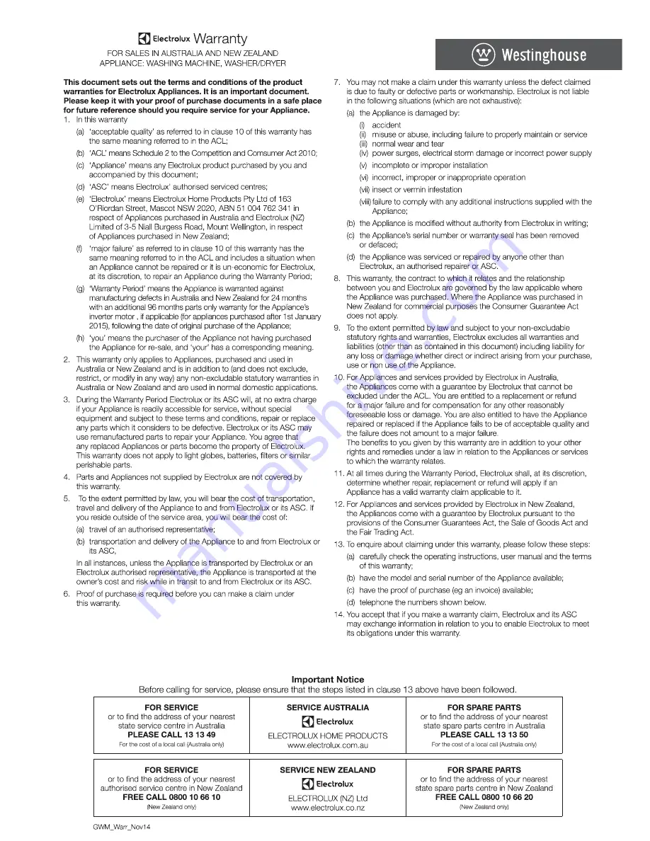 Westinghouse WWF1274 User Manual Download Page 35