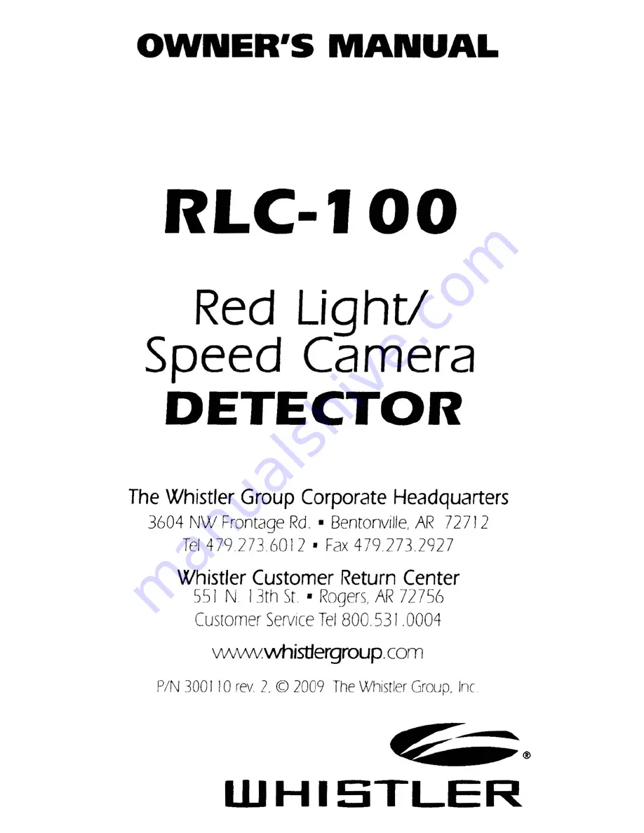 Whistler RLC-100 Owner'S Manual Download Page 1