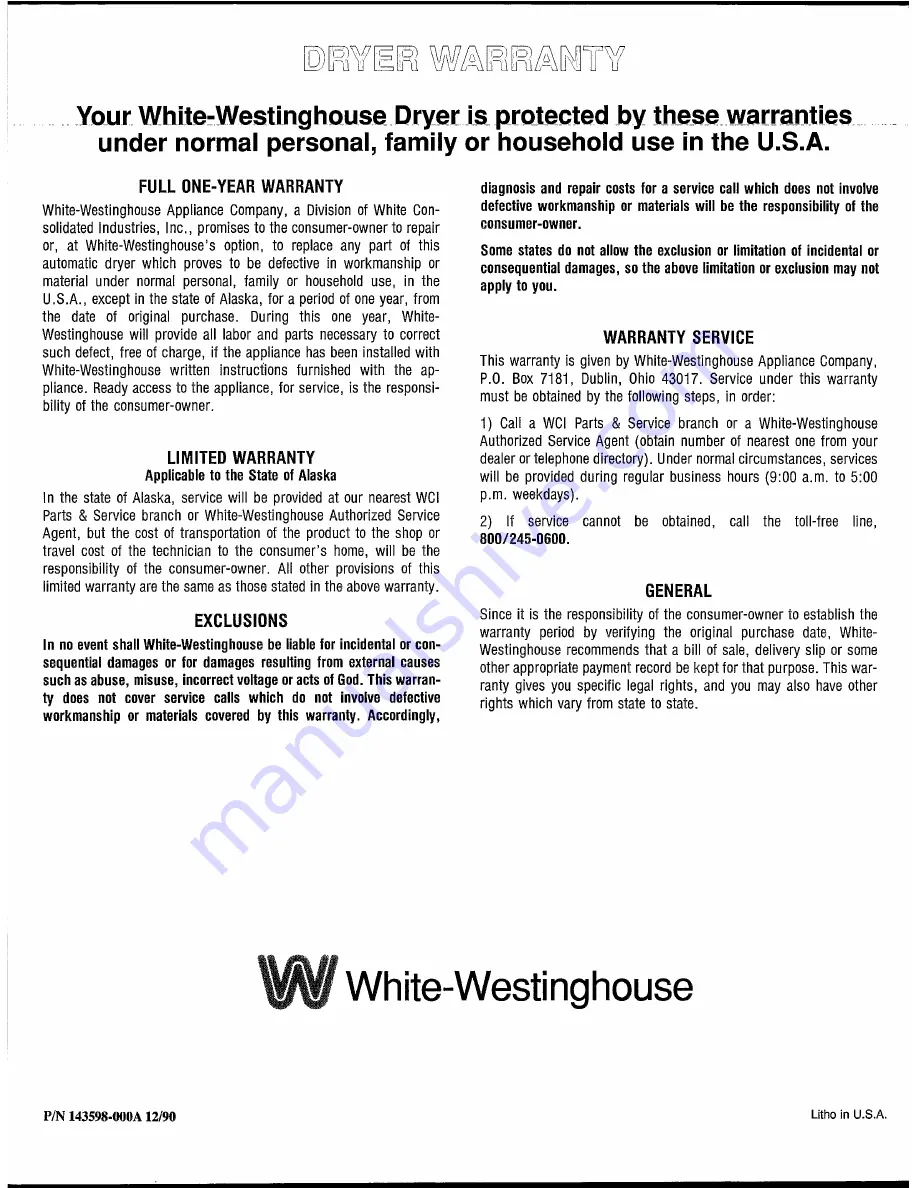 White-Westinghouse DE400K Owner'S Manual Download Page 16