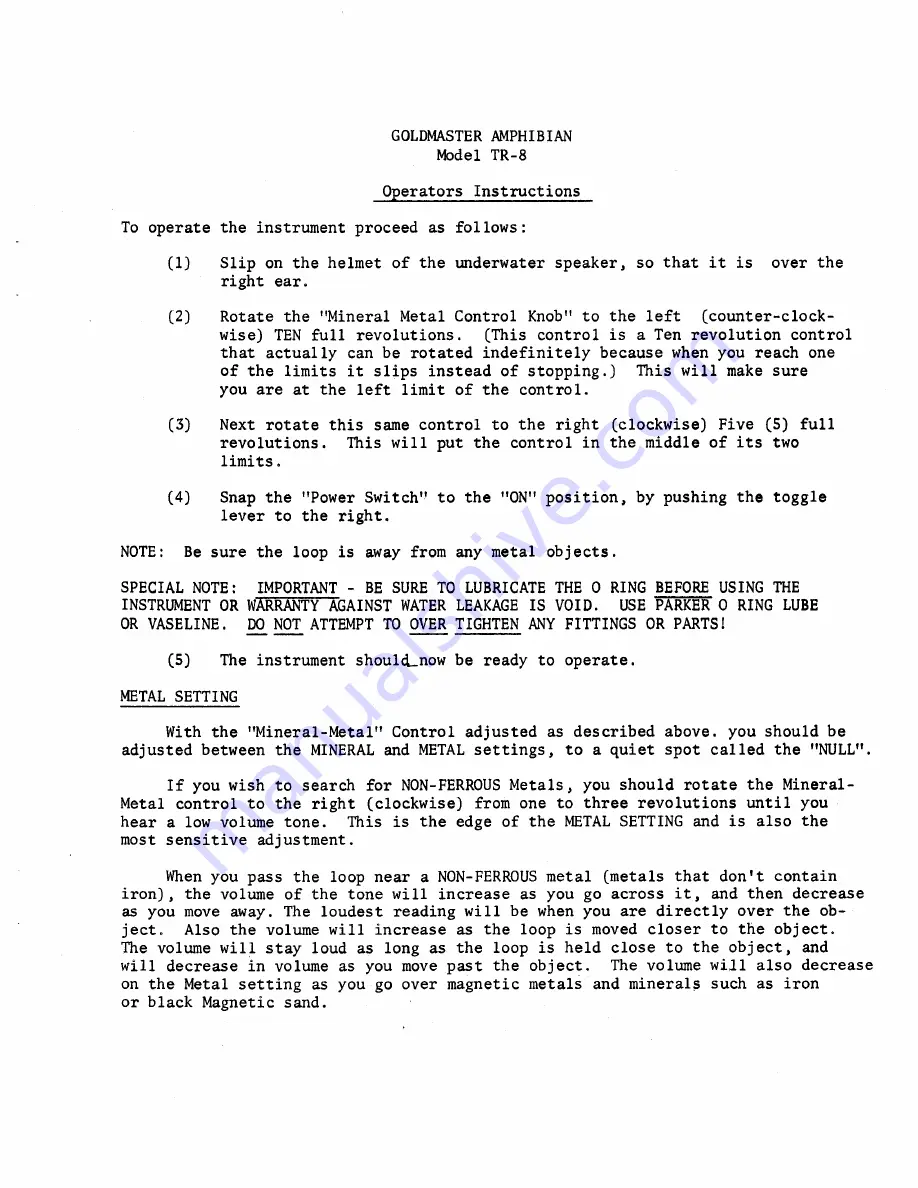 White's Goldmaster Amphibian TR-8 Operating Instructions Manual Download Page 2