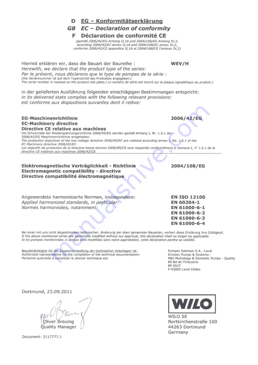 Wilo WEH Installation And Operating Instructions Manual Download Page 18