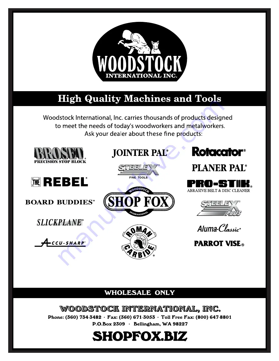 Woodstock Shop Fox W1805 Owner'S Manual Download Page 48