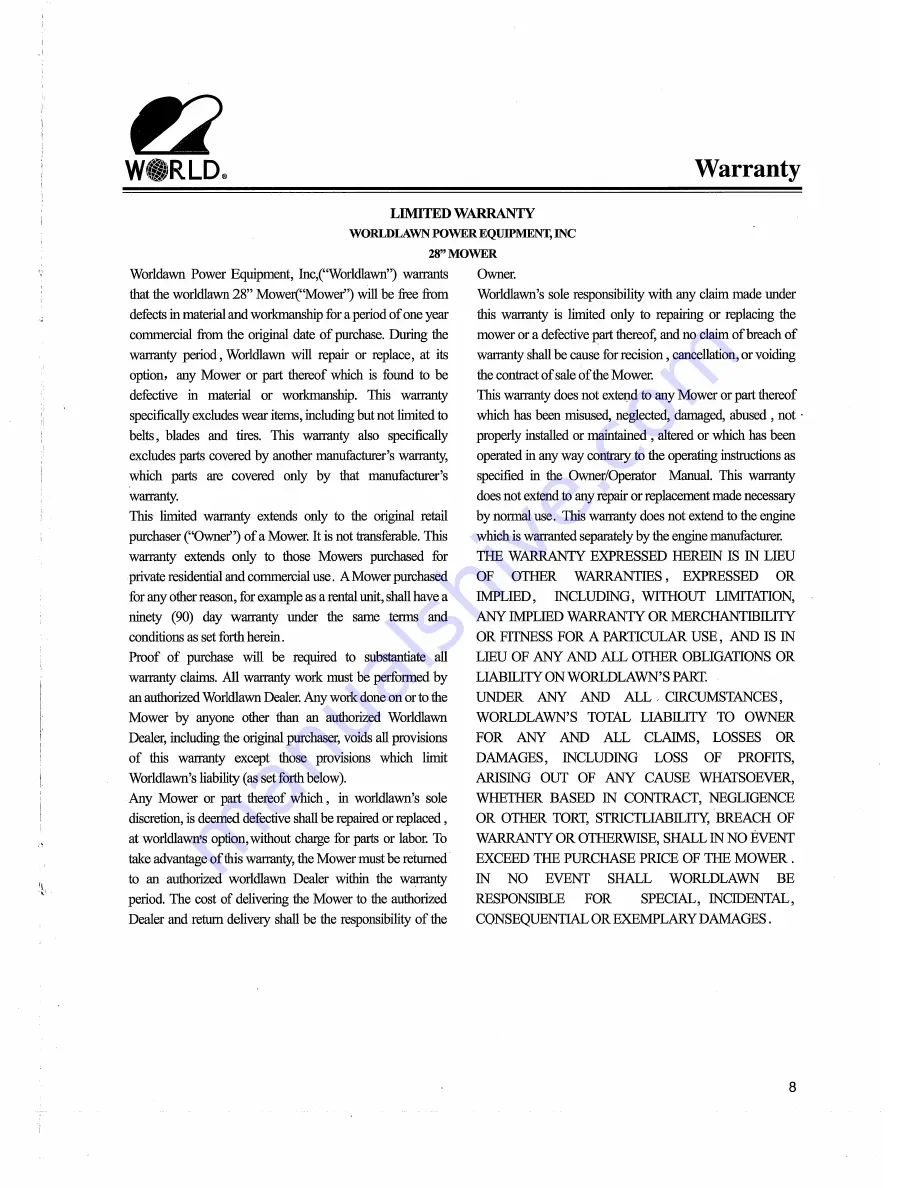 Worldlawn WY28 series Operator'S Manual Download Page 11