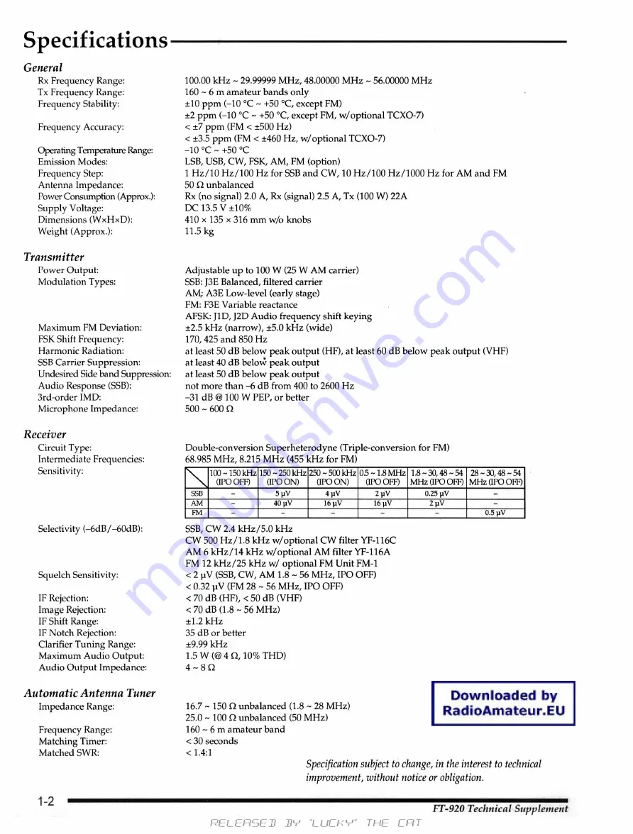 Yaesu FT-920 Technical Supplement Download Page 4