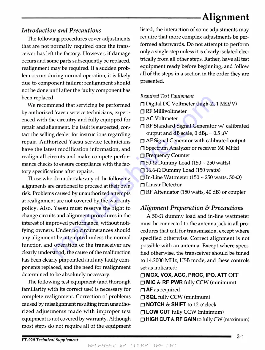 Yaesu FT-920 Technical Supplement Download Page 13