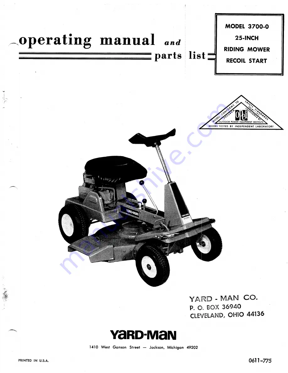 Yard-Man 3700-0 Operating Manual And Parts List Download Page 1