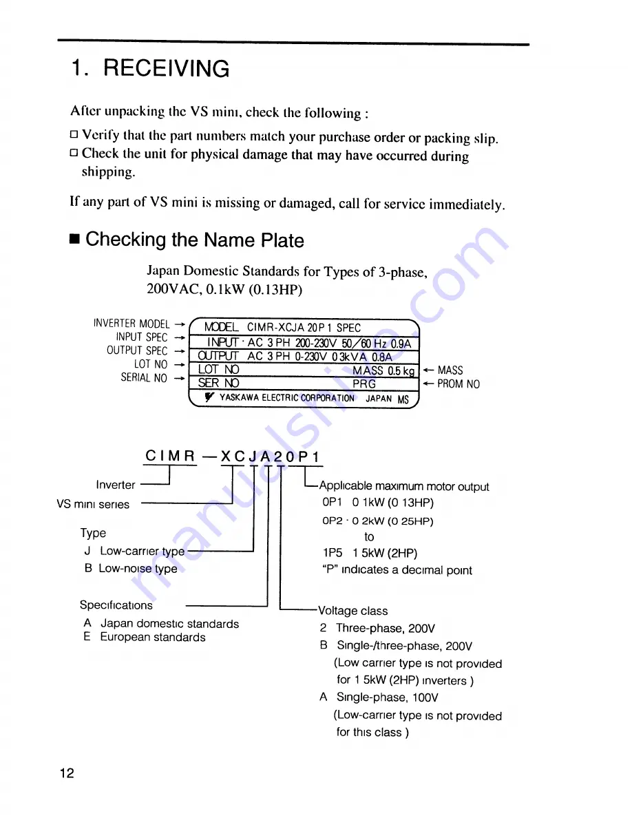 YASKAWA VS mini C Series Instruction Manual Download Page 12