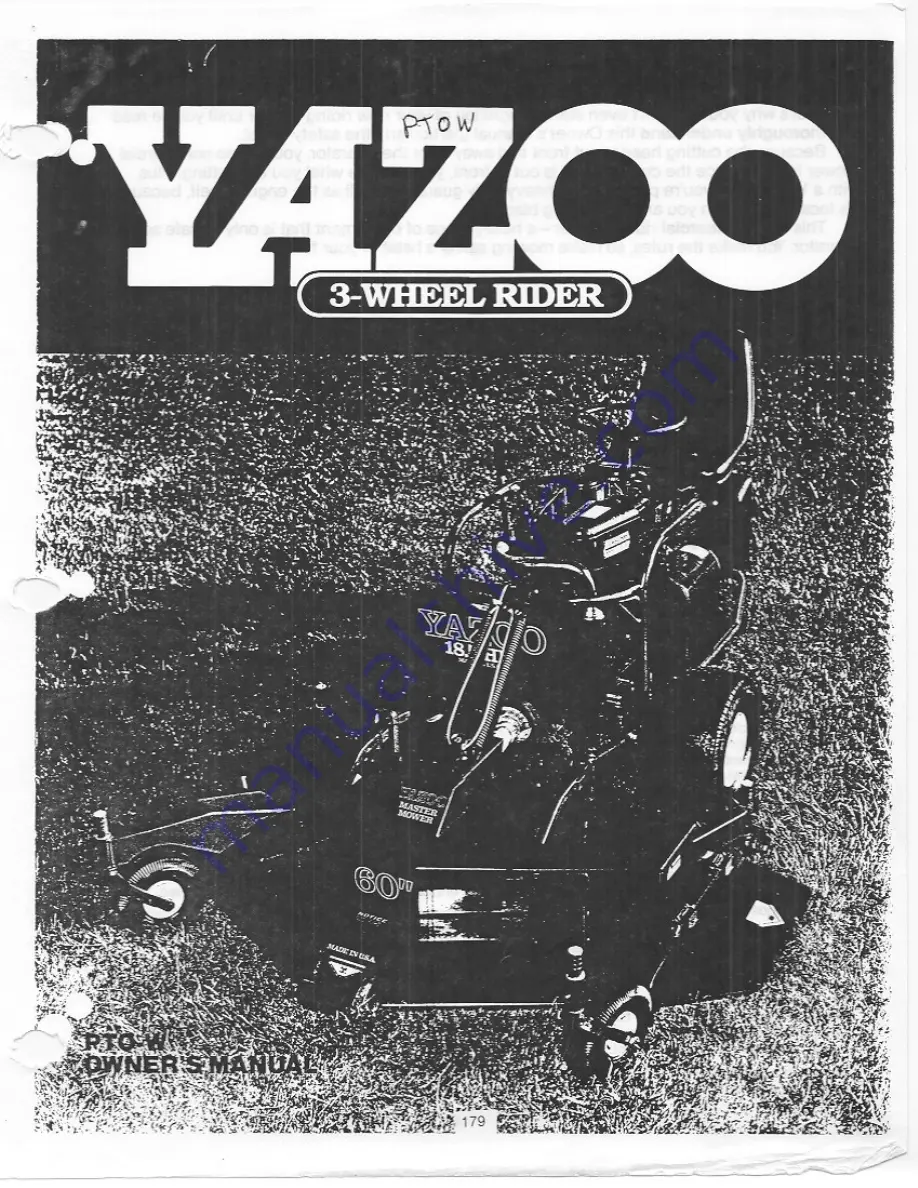 Yazoo PTO-W Owner'S Manual Download Page 1