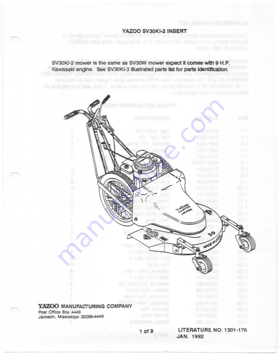 Yazoo SV30KI-2 Illustrated Parts List Download Page 1