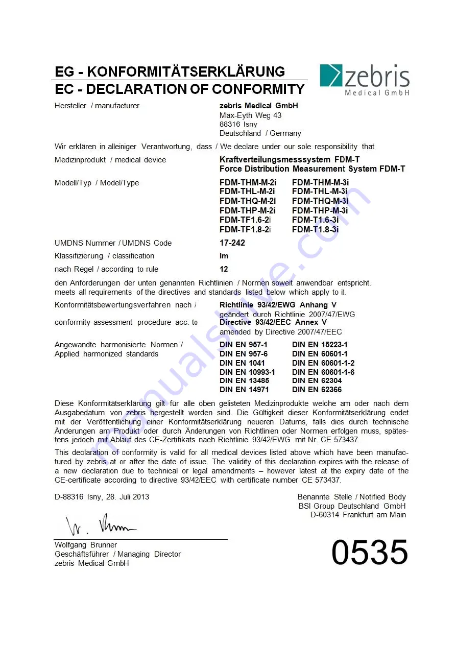 zebris FDM-T Specification And Operating Instructions Download Page 64