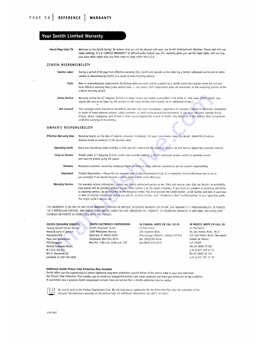 Zenith IQA56M98W9 Series Operating Manual & Warranty Download Page 55