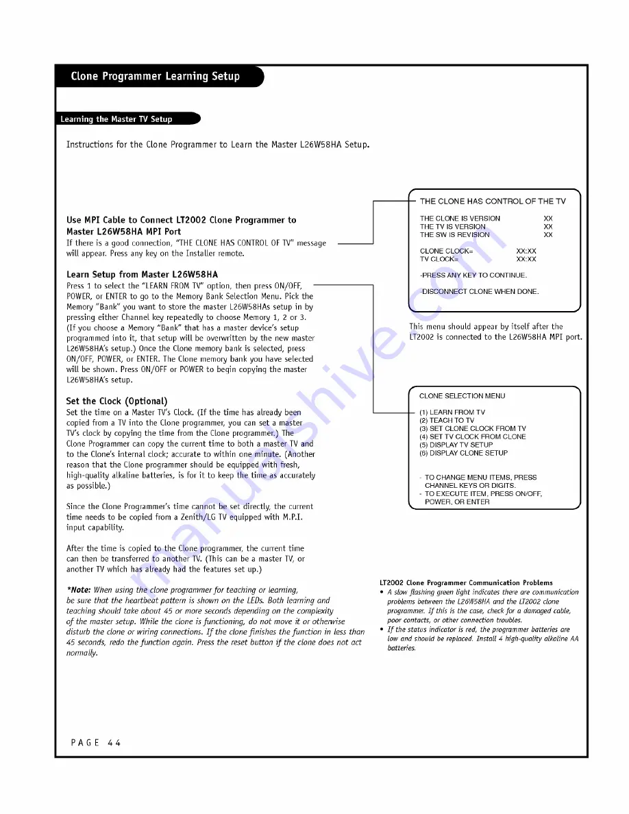 Zenith L26W58HA and Installation And Operating Manual Download Page 44