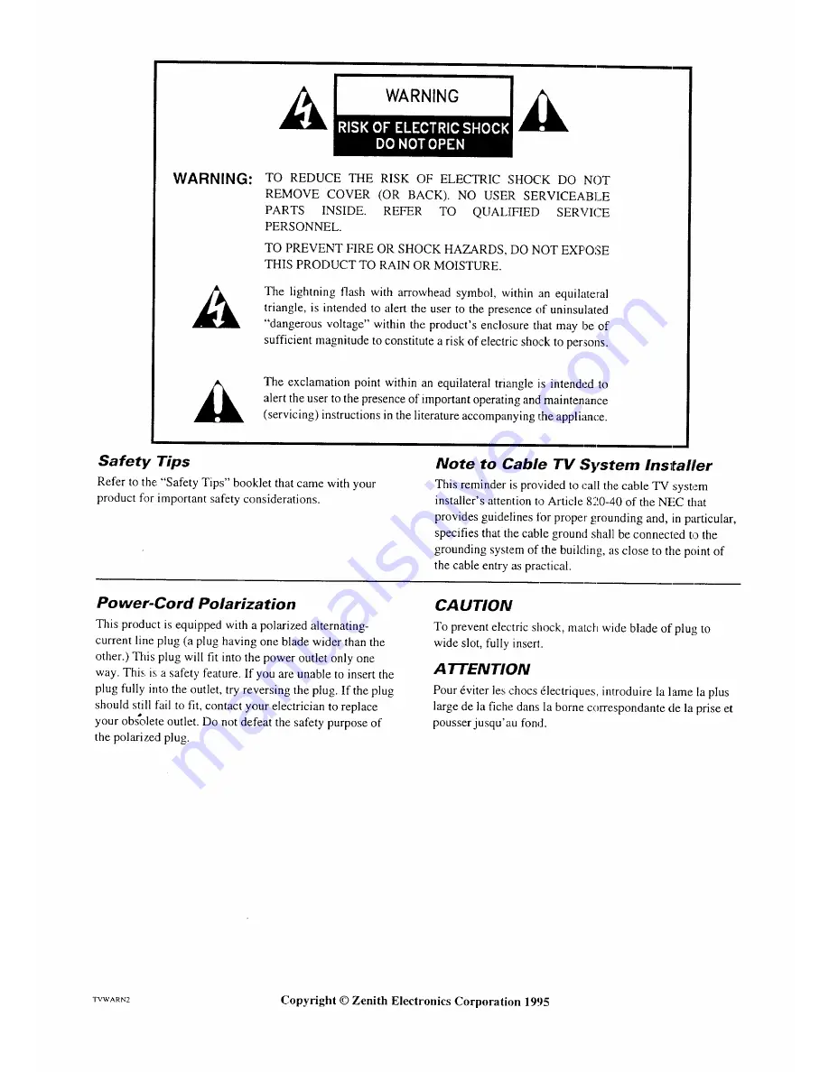 Zenith SENTRY 2 SR1941 Operating Manual & Warranty Download Page 2