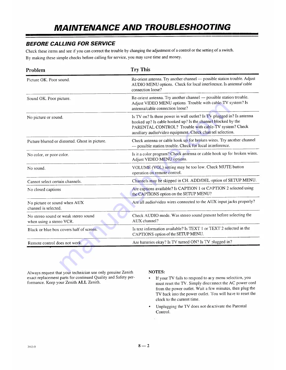 Zenith SENTRY 2 SR1941 Operating Manual & Warranty Download Page 16