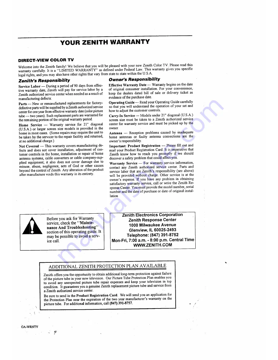 Zenith SENTRY 2 Z20A21 Operating Manual & Warranty Download Page 35