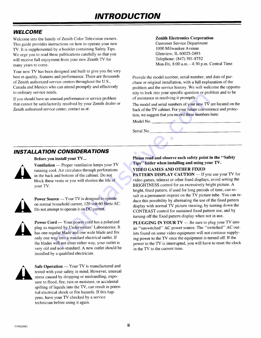 Zenith SYSTEM 3 SR2573 Operating Manual & Warranty Download Page 4