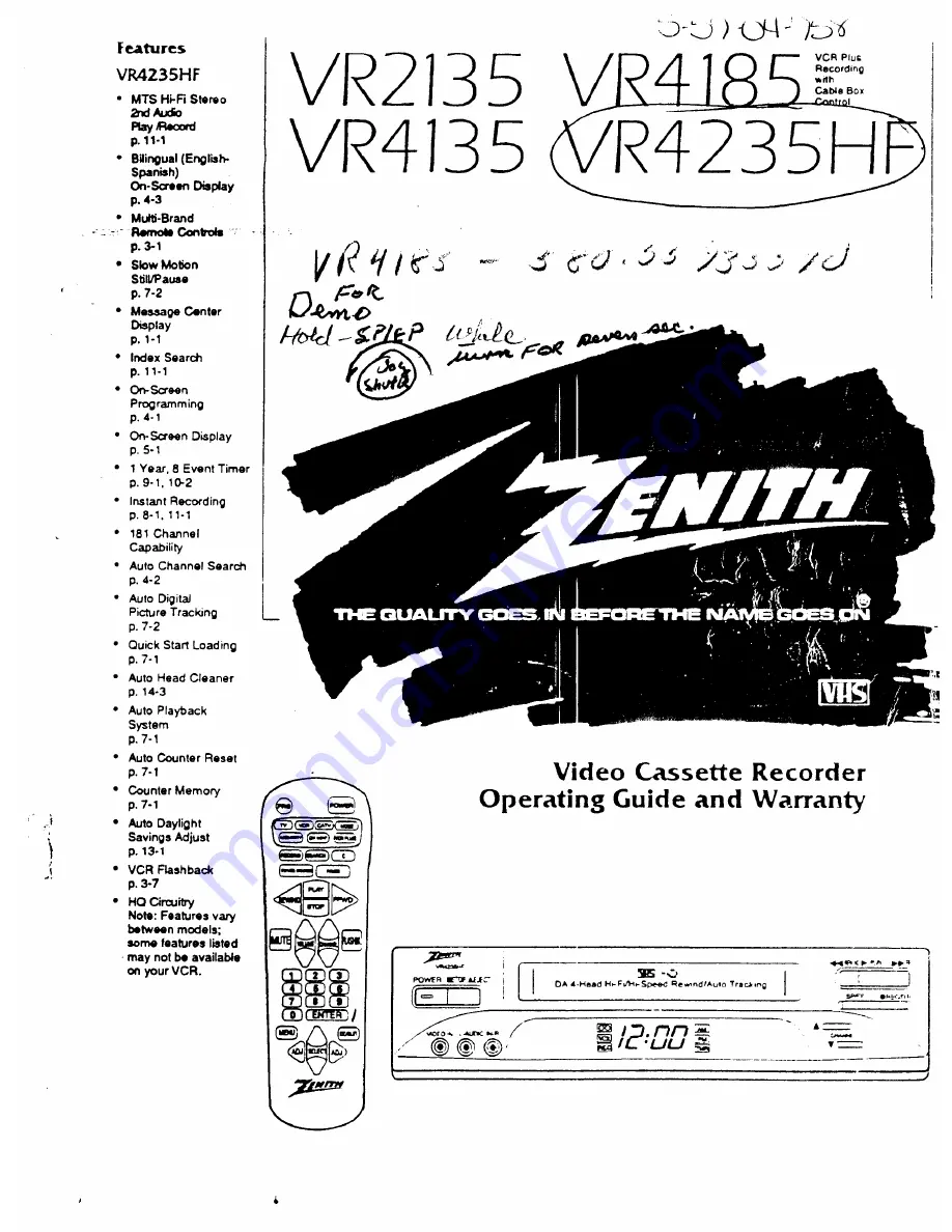 Zenith VR2135  and warranty Operating Manual And Warranty Download Page 1