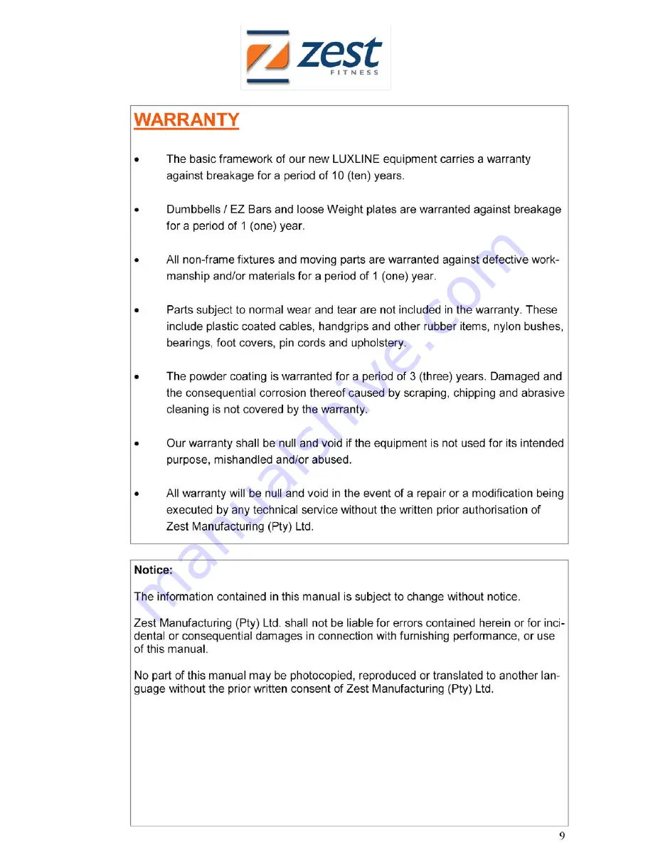 Zest luxline Service Maintenance Manual Download Page 9